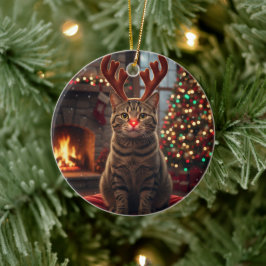 Ornamento De Cerâmica Gato Rudolph Gatinho Rena Divertida Natal