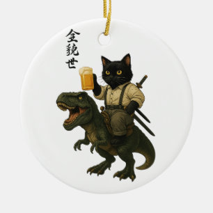 Ornamento De Cerâmica Gato Samurai com Cerveja & T-Rex Arte Japonesa R