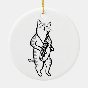 Ornamento De Cerâmica Gato Saxofone Músico Jazz Rock Engraçado