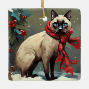Ornamento De Cerâmica Gato Siamês no Natal da Neve