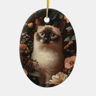 Ornamento De Cerâmica Gato Siamesa Rodeado por Flores Rosa Bege