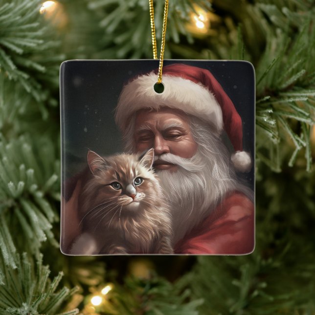 Ornamento De Cerâmica Gato Siberiano com Papai Noel Natal Festivo (Árvore)