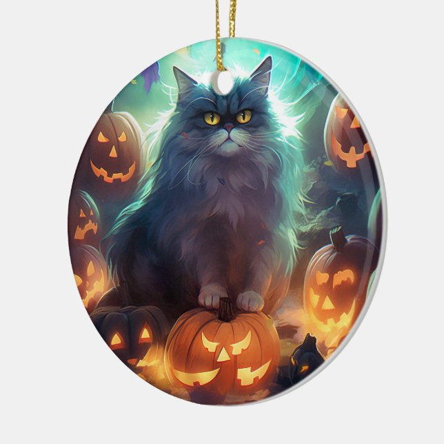 Ornamento De Cerâmica Gato Siberiano De Halloween Com Pumpkins Assustado (Esquerda)