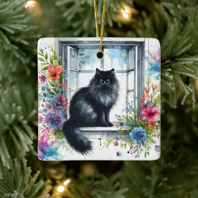 Ornamento De Cerâmica Gato Siberiano na Janela com Placas de Aquarela (Árvore)