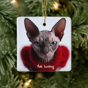 Ornamento De Cerâmica Gato Sphynx Natalino Mal-humorado