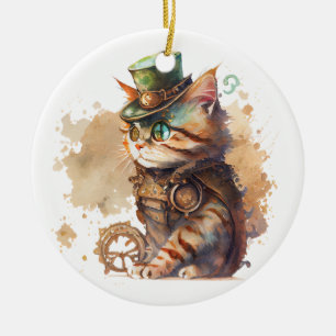 Ornamento De Cerâmica Gato Steampunk