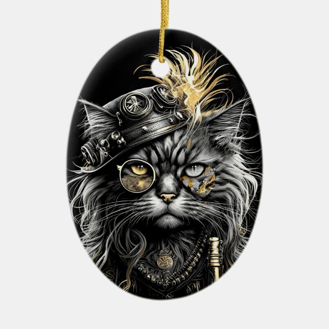 Ornamento De Cerâmica Gato Steampunk Incrível  (Frente)