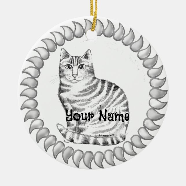 Ornamento De Cerâmica Gato Tabby Caçador de Ratos  (Frente)