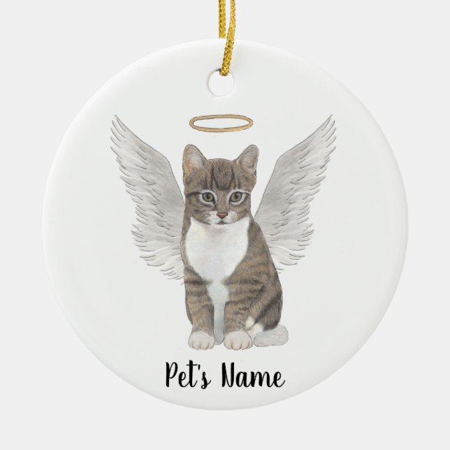Ornamento De Cerâmica Gato Tabby Cinza Personalizado Memória de Luto (Frente)