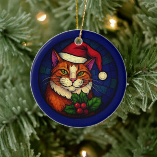 Ornamento De Cerâmica Gato Tabby Laranja de Natal em Vitral
