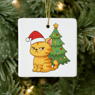 Ornamento De Cerâmica Gato Tabby Laranja Mal-Humorado Chapéu Vermelho Ár