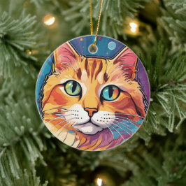 Ornamento De Cerâmica Gato Tabby Laranja | Pintura Colorida Contemporâne