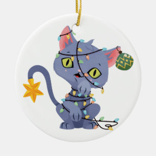 Ornamento De Cerâmica Gato Tangido nas Luzes de Natal