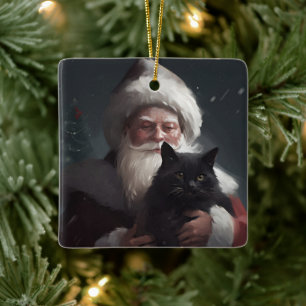 Ornamento De Cerâmica Gato Tuxedo Com Natal Festivo do Papai Noel