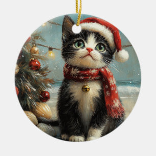 Ornamento De Cerâmica Gato Tuxedo Natal Vintage Praia