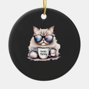 Ornamento De Cerâmica gato vestindo óculos de sol e segurando uma caneca