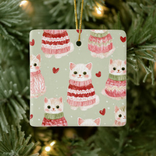 Ornamento De Cerâmica Gatos Corações Vermelhos Rosa