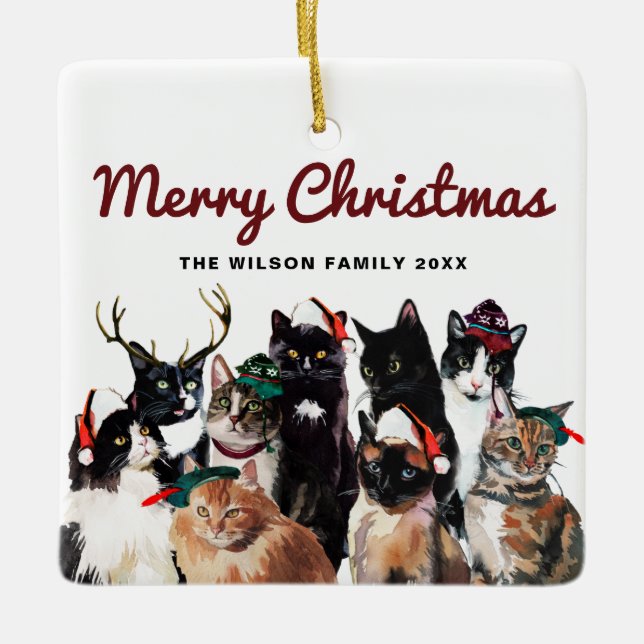 Ornamento De Cerâmica Gatos de aquarela festivos e bonitos Feliz Natal (Frente)