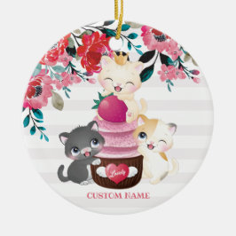Ornamento De Cerâmica Gatos de Desenho Animado Floral Caprichoso Cupcake