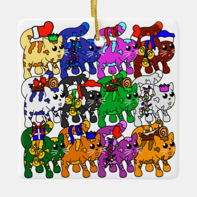 Ornamento De Cerâmica Gatos de Natal Festivos Jolly Meowy (Frente)