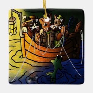 Ornamento De Cerâmica Gatos De Pesca Noturna