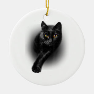 Ornamento De Cerâmica Gatos de T-Shirt de Olhos Amarelos de Gato Negro