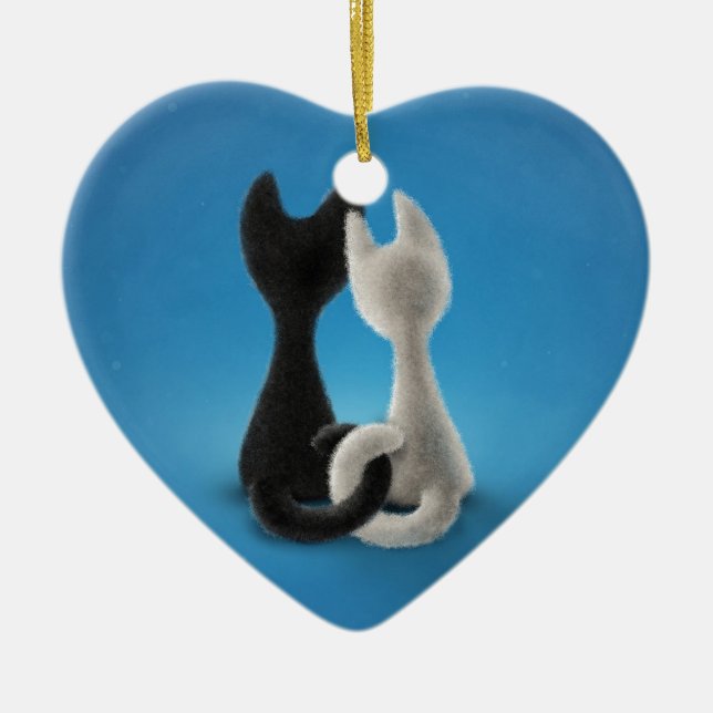 Ornamento De Cerâmica Gatos do amor preto e branco (Frente)