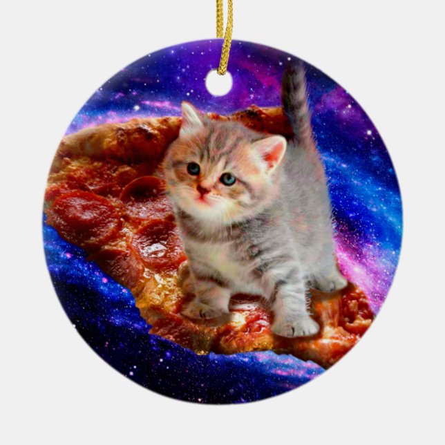 Ornamento De Cerâmica Gatos em pizza espacial (Frente)
