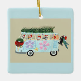Ornamento De Cerâmica Gatos Loucos na sua Van Hippie de Natal