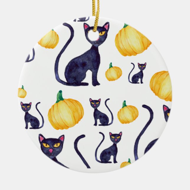 Ornamento De Cerâmica Gatos Pretos Do Halloween E Design De Abóbora Lara (Frente)