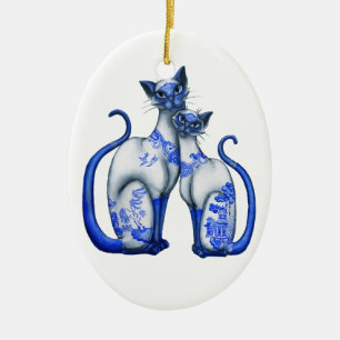 Ornamento De Cerâmica Gatos Siamese do salgueiro azul