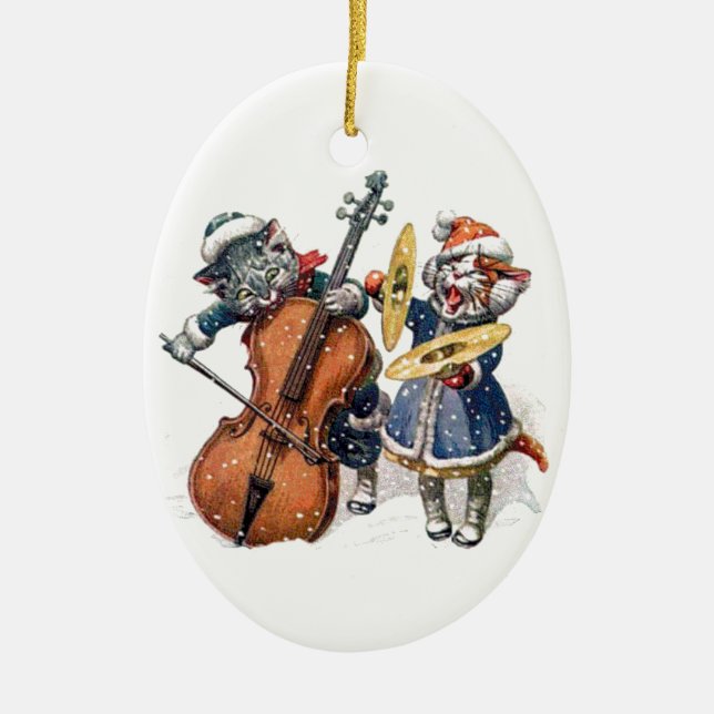 Ornamento De Cerâmica Gatos tocando música de Natal na neve (Frente)