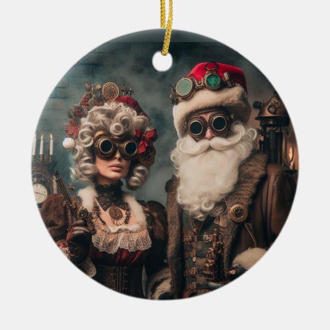 Ornamento De Cerâmica Gears & Cheer: Papais noeis Steampunk & Sra. Claus (Frente)