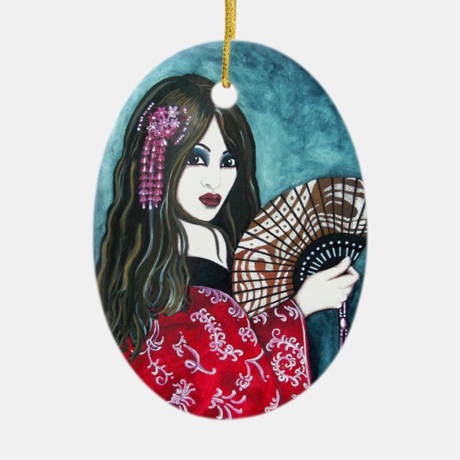 Ornamento De Cerâmica Geisha com ventilador (Frente)
