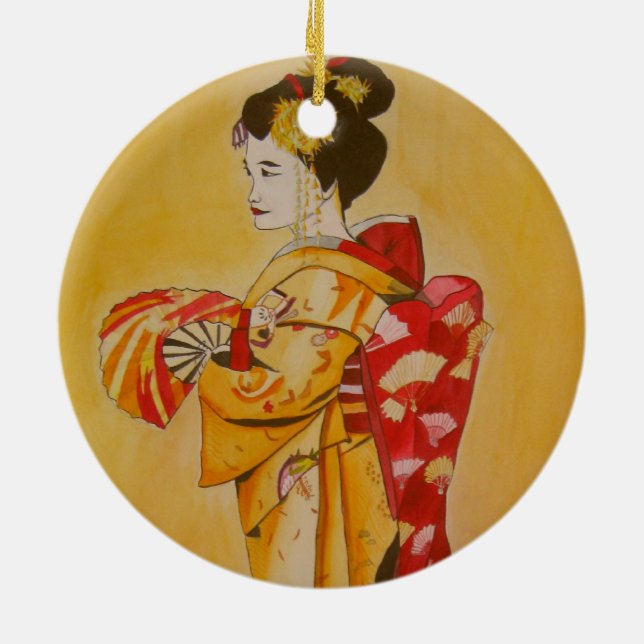 Ornamento De Cerâmica Geisha gold kimono original de aquarela (Traseira)