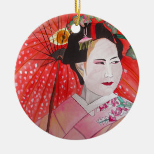 Ornamento De Cerâmica Geisha Japonesa com guarda-chuva vermelho arte ori