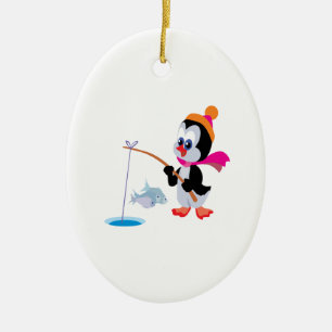 Ornamento De Cerâmica Gelo do pinguim que pesca 2