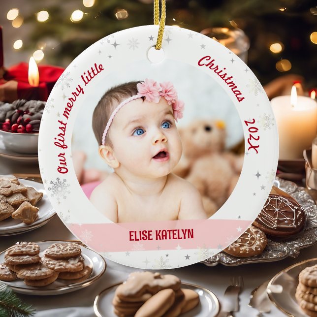 Ornamento De Cerâmica Gêmeas 2 Fotos Primeira Feliz Natal Pequeno (Modern Elegant Cute Our First Merry Little Christmas Twins Baby Girls 2 Photos Snowflakes Stars Pink)