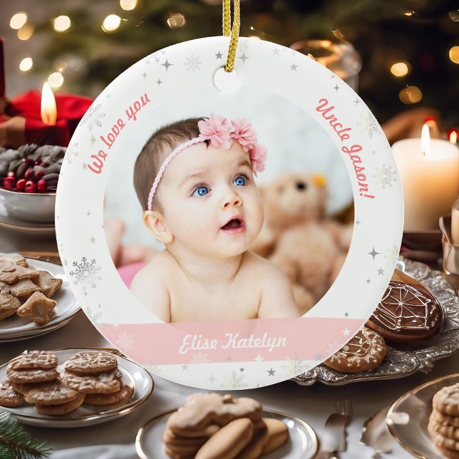 Ornamento De Cerâmica Gêmeas Fotos Tio Cute Primeiro Bebê de Natal (Modern Elegant Cute First Christmas Baby Twins Girls We love you Uncle 2 Photos Snowflakes Pink)