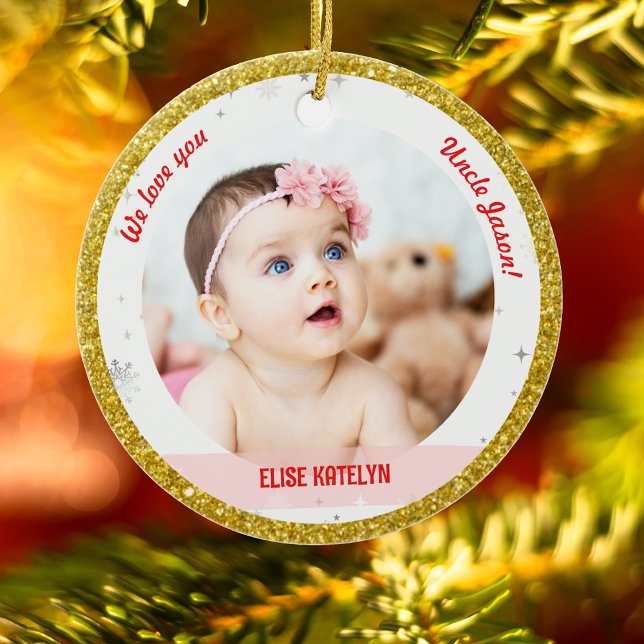 Ornamento De Cerâmica Gêmeas Fotos Tio Cute Primeiro Bebê de Natal (Modern Elegant Cute We love you, Uncle! First Christmas Twin Baby Girls 2 Photos Golden Faux Glitter)