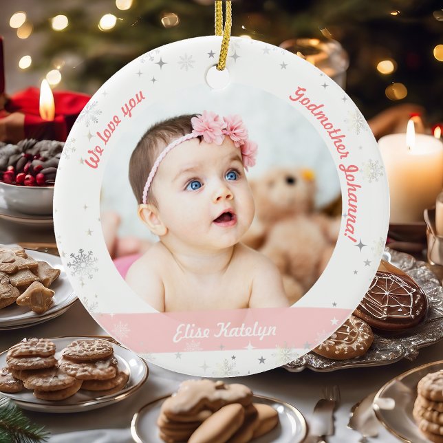 Ornamento De Cerâmica Gêmeas Raparigas Fotografias Padrinha Primeiro Nat (Modern Elegant Cute First Christmas Baby Twins Girls We love you Godmother 2 Photos Snowflakes Pink)