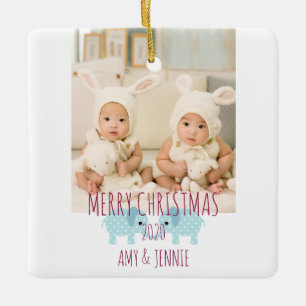Ornamento De Cerâmica Gêmeos de Fotos Personalizadas do Feliz Natal