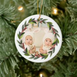Ornamento De Cerâmica Gêmeos de Lembrança do Primeiro Natal Coroa Foto