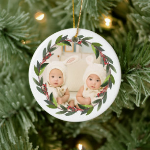Ornamento De Cerâmica Gêmeos de Lembrança do Primeiro Natal Coroa Foto