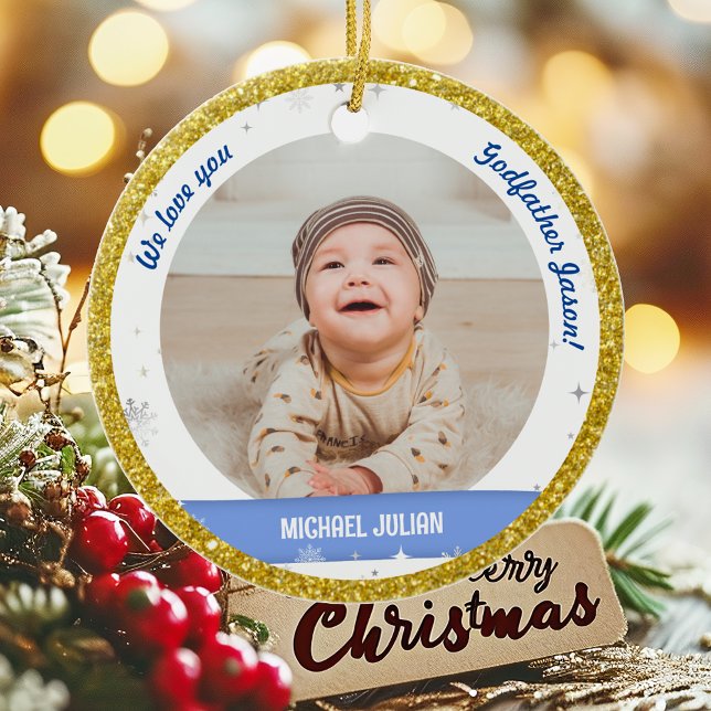 Ornamento De Cerâmica Gêmeos Fotos Padrinho Primeiro Natal Bebê (Cute Modern Elegant Personalized First Christmas Baby We love Godfather Twin Boys 2 Photos Golden)