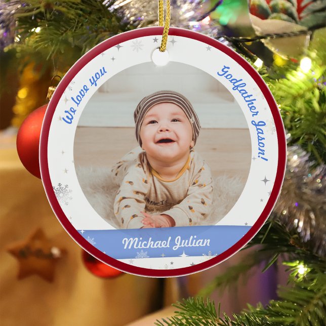 Ornamento De Cerâmica Gêmeos Fotos Padrinho Primeiro Natal Bebê (Modern Elegant Cute First Christmas Baby Twins Boys We love you Godfather Snowflakes Stars Red Frame)