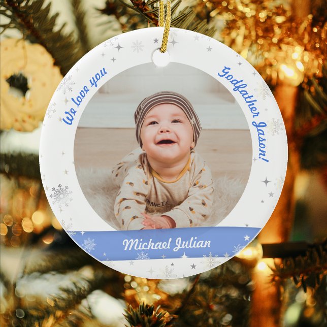 Ornamento De Cerâmica Gêmeos Fotos Padrinho Primeiro Natal Bebê (Modern Elegant Cute First Christmas Baby Boys Twins We love you Godfather Name 2 Photos Snowflakes)