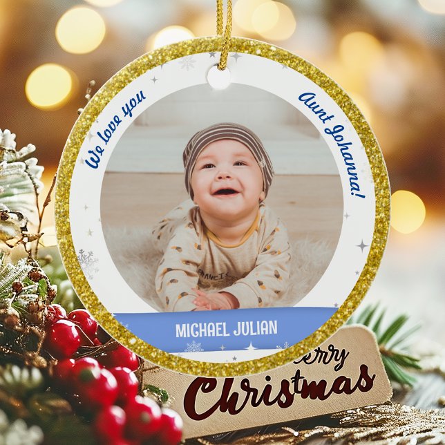 Ornamento De Cerâmica Gêmeos Fotos Tia Tia Cute Primeiro Bebê de Natal (Cute Modern Elegant Personalized First Christmas Baby We love you Auntie Twin Boys 2 Photos Golden)