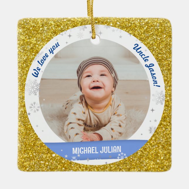 Ornamento De Cerâmica Gêmeos Fotos Tio Tio Cute Primeiro Bebê de Natal (Frente)