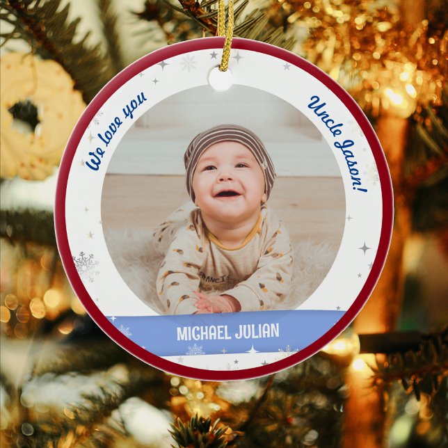 Ornamento De Cerâmica Gêmeos Fotos Tio Tio Cute Primeiro Bebê de Natal (Cute Modern Elegant Personalized First Christmas Baby We love you Uncle Twin Boys 2 Photos Snow)